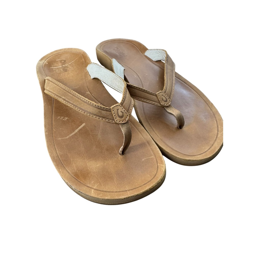 OluKai Southshore Tan Brown Leather Flip Flop Sandals Womens 9 20532-3333